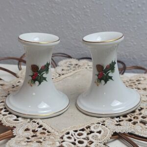Vintage Woolworth Porcelain Christmas Holly Berry Pinecone Candlesticks Gold Rim
